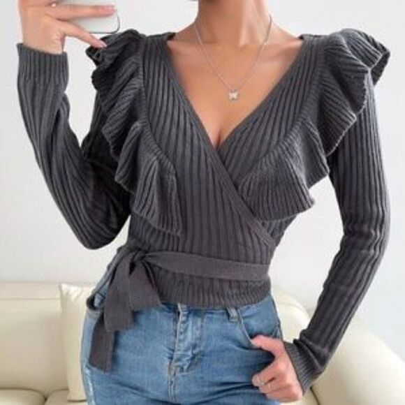 New Cozy Ruffle Ribbed Cropped Sweater Top - Picture 1 of 8